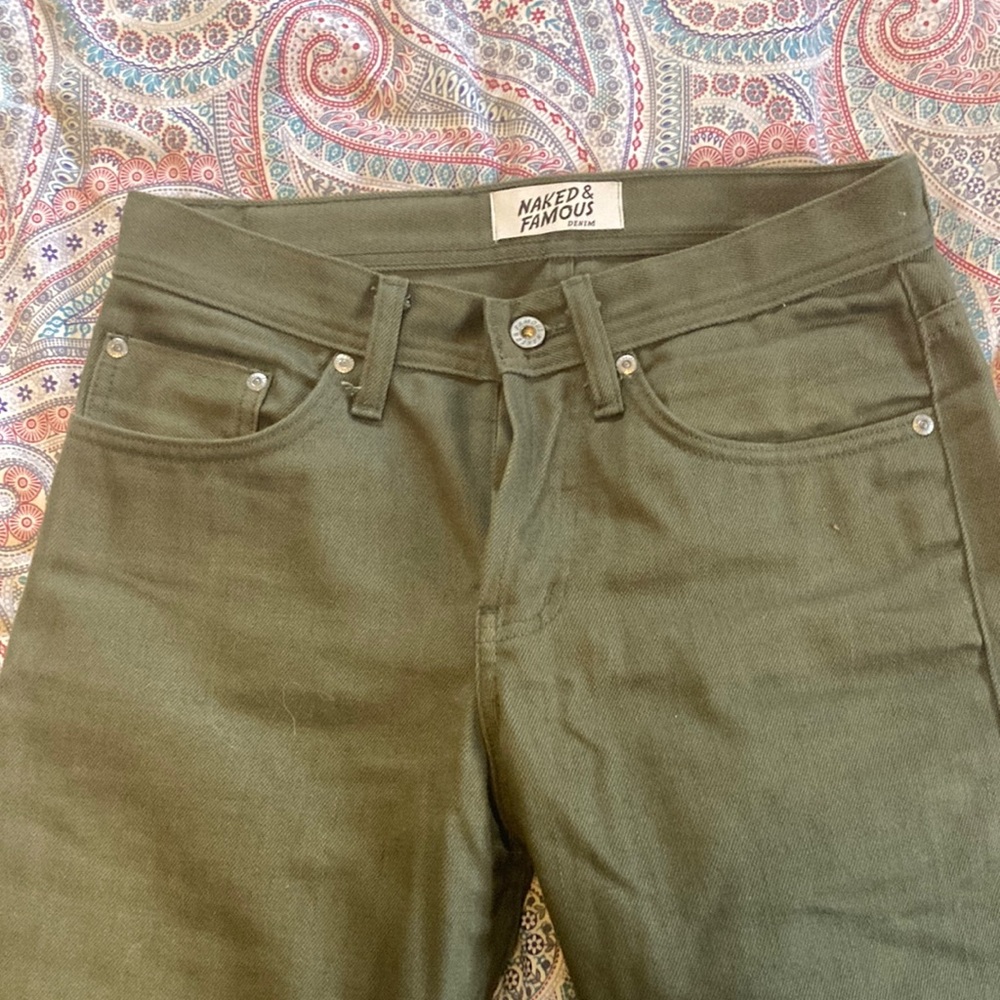 Naked and Famous olive colored jeans, slim fit 30x32. Barely worn